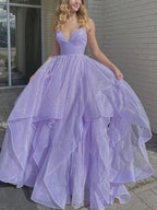 Sparkly A-line V Neck Long Prom Dresses Fluffy Purple Formal Evening Dresses