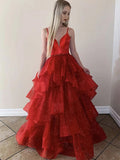 Vestidos de festa compridos de tule vermelho com decote em V e alças finas, linha A brilhante