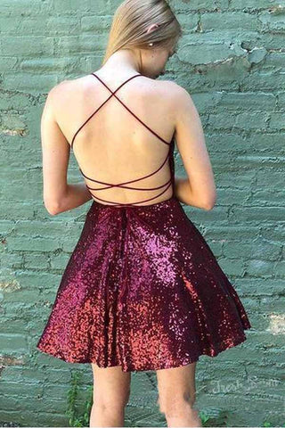 Glitzerndes Burgunderrotes Homecoming-Kleid, rückenfreies A-Linien-Mini-Partykleid PD383