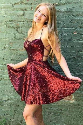 Glitzerndes Burgunderrotes Homecoming-Kleid, rückenfreies A-Linien-Mini-Partykleid PD383