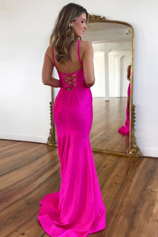 Sparkly Fuchsia Long Mermaid Spaghetti Straps Backless Evening Dress with Slit