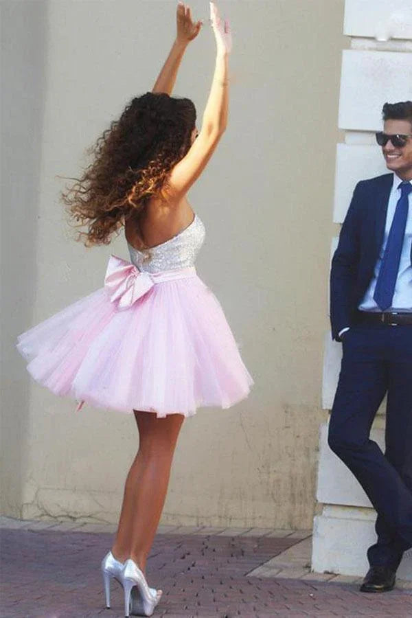 Funkelnder Hochschließender Ausschnitt Kurzes Rosa Homecoming-Kleid Partykleid PG163