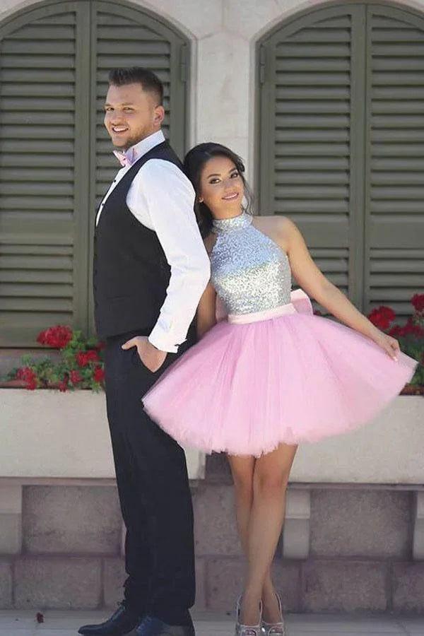 Funkelnder Hochschließender Ausschnitt Kurzes Rosa Homecoming-Kleid Partykleid PG163