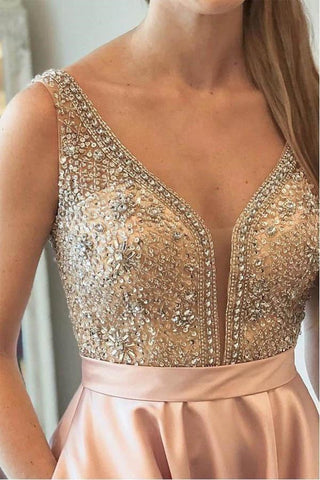 Vestido de festa comprido com contas rosa brilhante e costas abertas PSK130