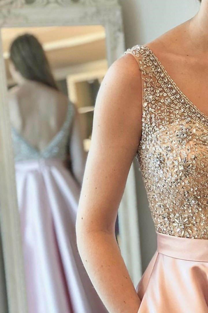 Vestido de festa comprido com contas rosa brilhante e costas abertas PSK130