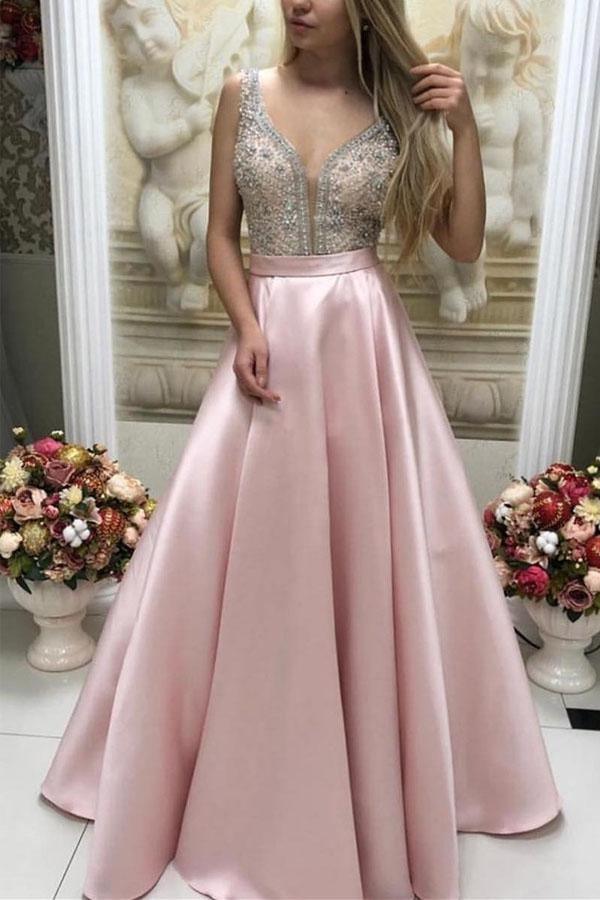 Vestido de festa comprido com contas rosa brilhante e costas abertas PSK130