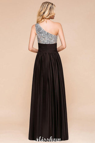 Glitzerndes Pailletten-Brautjungfernkleid mit einer Schulter, Maxi-Abendkleid, Hochzeitspartykleid