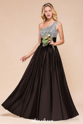 Glitzerndes Pailletten-Brautjungfernkleid mit einer Schulter, Maxi-Abendkleid, Hochzeitspartykleid