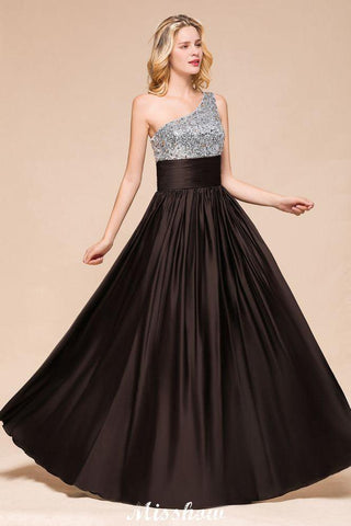 Glitzerndes Pailletten-Brautjungfernkleid mit einer Schulter, Maxi-Abendkleid, Hochzeitspartykleid