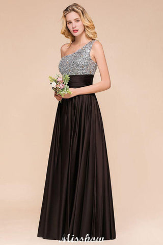 Glitzerndes Pailletten-Brautjungfernkleid mit einer Schulter, Maxi-Abendkleid, Hochzeitspartykleid