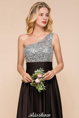Glitzerndes Pailletten-Brautjungfernkleid mit einer Schulter, Maxi-Abendkleid, Hochzeitspartykleid
