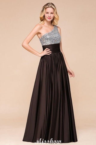 Glitzerndes Pailletten-Brautjungfernkleid mit einer Schulter, Maxi-Abendkleid, Hochzeitspartykleid