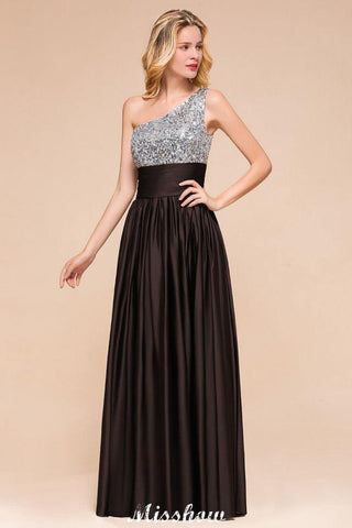 Glitzerndes Pailletten-Brautjungfernkleid mit einer Schulter, Maxi-Abendkleid, Hochzeitspartykleid