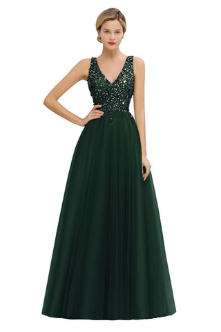Glitzernde Pailletten V-Ausschnitt Aline Abend Maxikleid Tüll Ballkleid