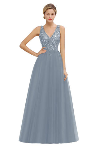 Glitzernde Pailletten V-Ausschnitt Aline Abend Maxikleid Tüll Ballkleid