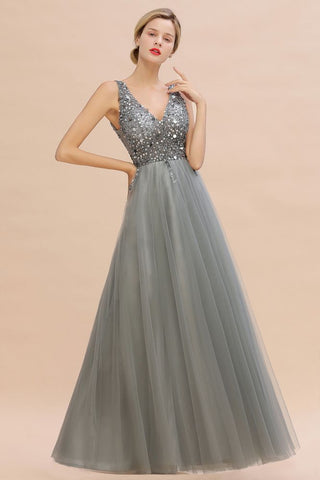 Glitzernde Pailletten V-Ausschnitt Aline Abend Maxikleid Tüll Ballkleid