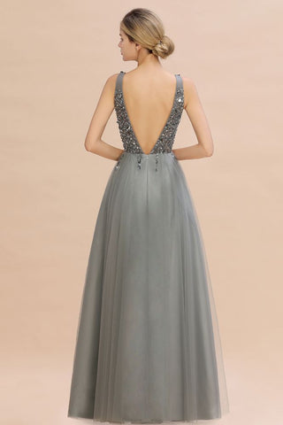 Glitzernde Pailletten V-Ausschnitt Aline Abend Maxikleid Tüll Ballkleid