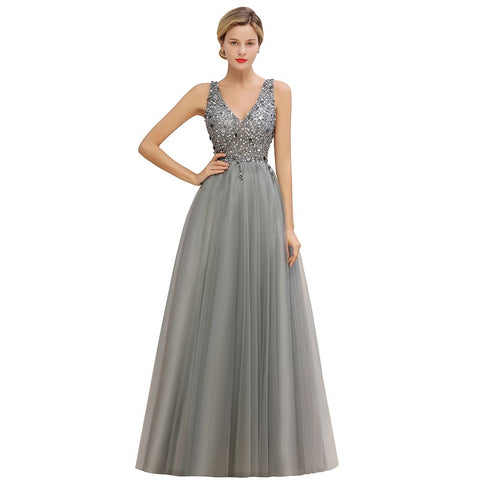 Glitzernde Pailletten V-Ausschnitt Aline Abend Maxikleid Tüll Ballkleid