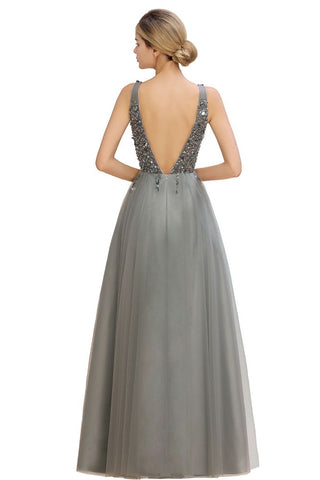Glitzernde Pailletten V-Ausschnitt Aline Abend Maxikleid Tüll Ballkleid