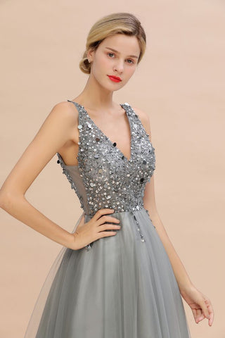 Glitzernde Pailletten V-Ausschnitt Aline Abend Maxikleid Tüll Ballkleid