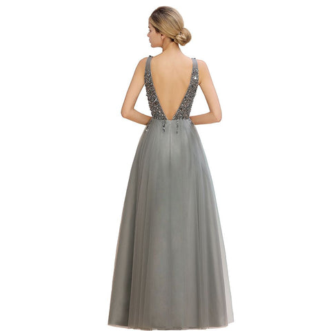 Glitzernde Pailletten V-Ausschnitt Aline Abend Maxikleid Tüll Ballkleid