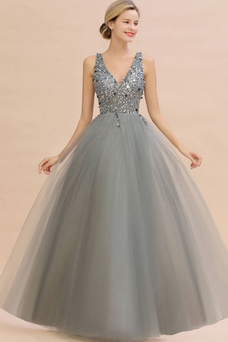 Glitzernde Pailletten V-Ausschnitt Aline Abend Maxikleid Tüll Ballkleid