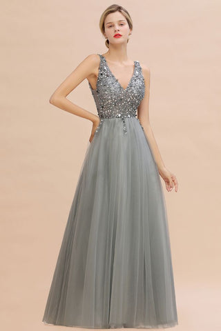 Glitzernde Pailletten V-Ausschnitt Aline Abend Maxikleid Tüll Ballkleid