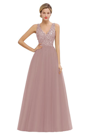 Glitzernde Pailletten V-Ausschnitt Aline Abend Maxikleid Tüll Ballkleid