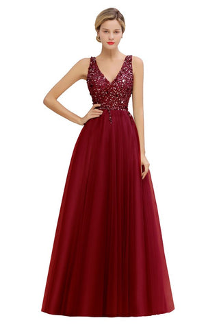 Glitzernde Pailletten V-Ausschnitt Aline Abend Maxikleid Tüll Ballkleid