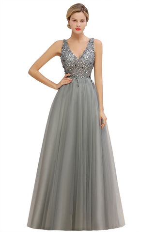 Glitzernde Pailletten V-Ausschnitt Aline Abend Maxikleid Tüll Ballkleid