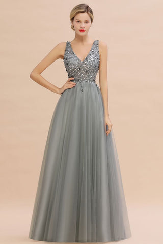 Glitzernde Pailletten V-Ausschnitt Aline Abend Maxikleid Tüll Ballkleid