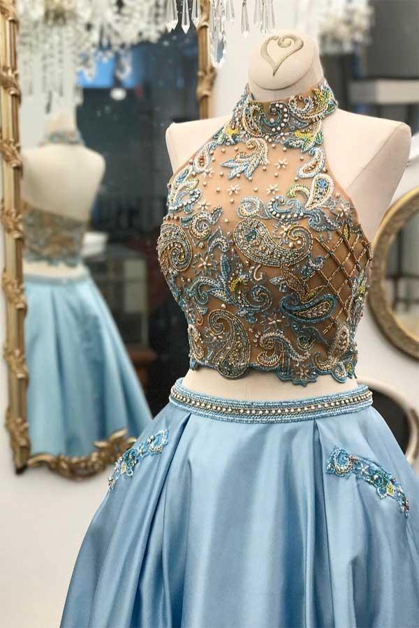 Vestido de festa comprido de cetim vermelho brilhante, duas peças, gola alta, PG866