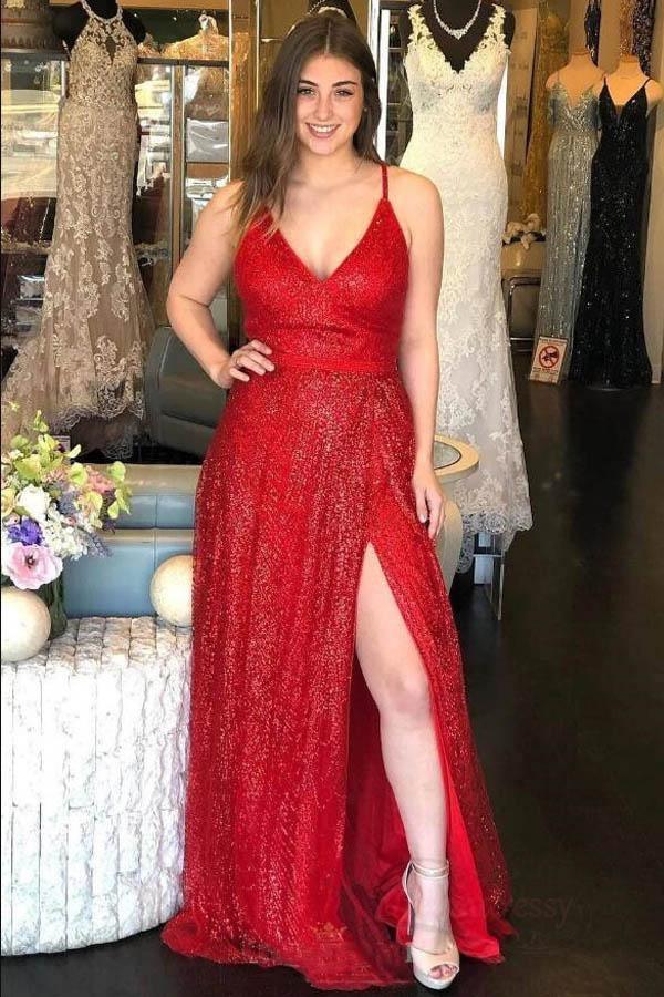 Glitzerndes, langes rotes A-Linien-Ballkleid mit V-Ausschnitt und Schlitz PSK185