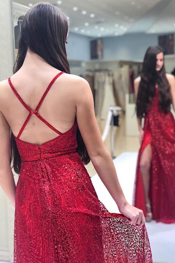 Glitzerndes, langes rotes A-Linien-Ballkleid mit V-Ausschnitt und Schlitz PSK185