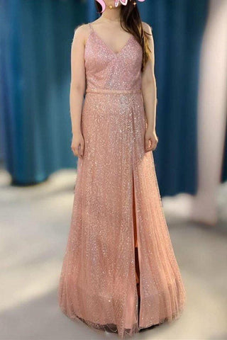 Sparkly V Neck A-Line Red Long Prom Dress with Split PSK185