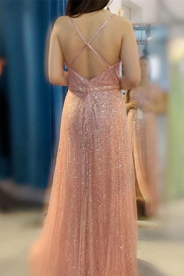 Glitzerndes, langes rotes A-Linien-Ballkleid mit V-Ausschnitt und Schlitz PSK185