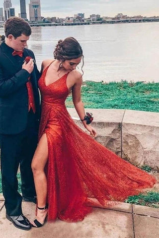 Sparkly V Neck A-Line Red Long Prom Dress with Split PSK185