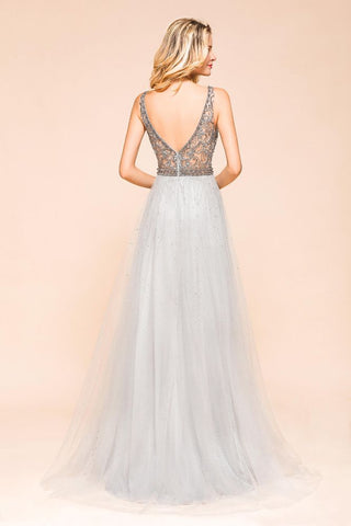 Funkelndes A-Linien-Abendkleid mit V-Ausschnitt, bodenlanges ärmelloses Hochzeitspartykleid
