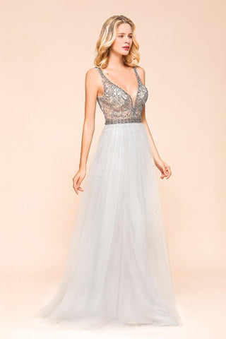 Funkelndes A-Linien-Abendkleid mit V-Ausschnitt, bodenlanges ärmelloses Hochzeitspartykleid