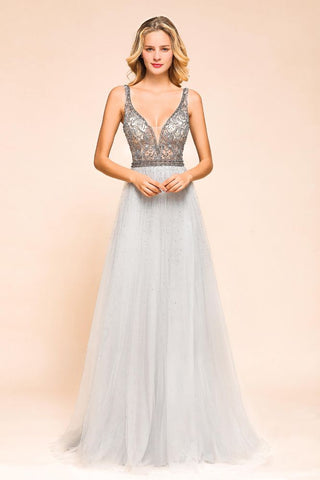 Funkelndes A-Linien-Abendkleid mit V-Ausschnitt, bodenlanges ärmelloses Hochzeitspartykleid
