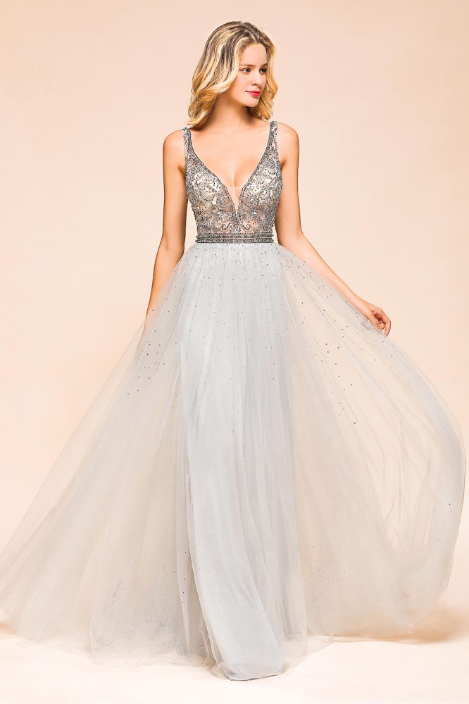 Funkelndes A-Linien-Abendkleid mit V-Ausschnitt, bodenlanges ärmelloses Hochzeitspartykleid