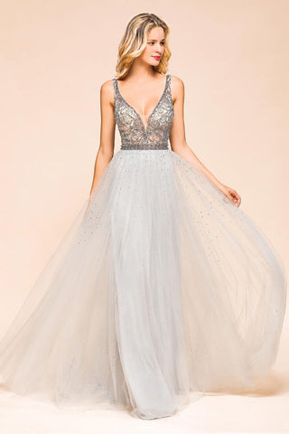 Funkelndes A-Linien-Abendkleid mit V-Ausschnitt, bodenlanges ärmelloses Hochzeitspartykleid