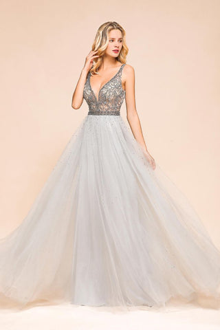 Funkelndes A-Linien-Abendkleid mit V-Ausschnitt, bodenlanges ärmelloses Hochzeitspartykleid