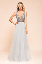 Funkelndes A-Linien-Abendkleid mit V-Ausschnitt, bodenlanges ärmelloses Hochzeitspartykleid