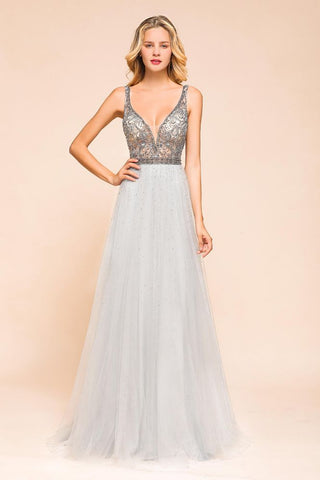 Funkelndes A-Linien-Abendkleid mit V-Ausschnitt, bodenlanges ärmelloses Hochzeitspartykleid