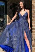 Glitzerndes A-Linien-Ballkleid mit V-Ausschnitt und Trägern, langes Abendkleid PSK220