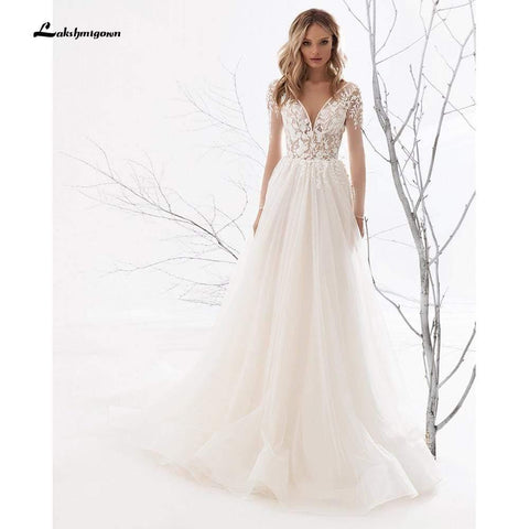 NumberSea Split Backless O-Ausschnitt Spitze Brautkleider