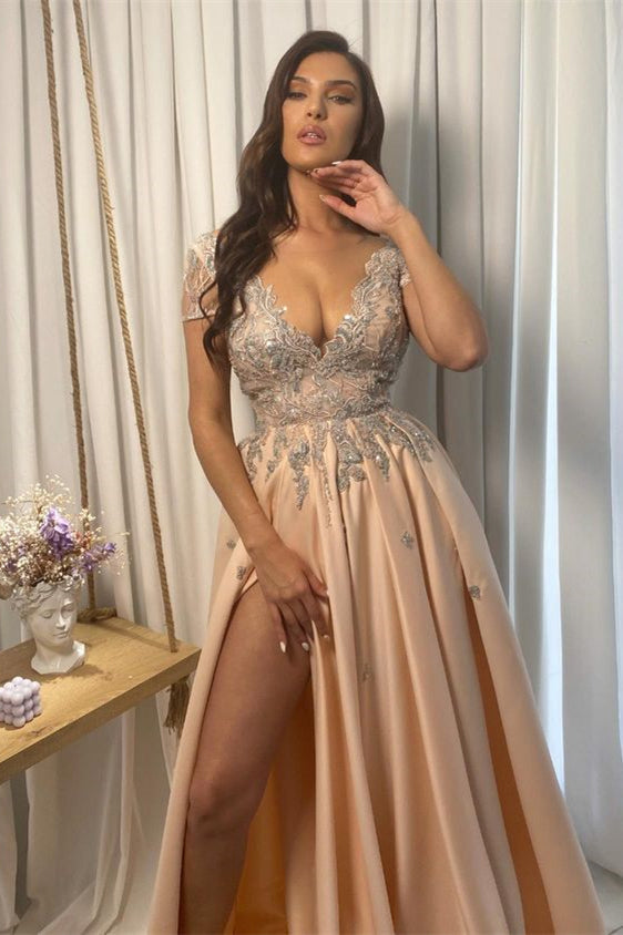 Split Front A-line Off-the-Shoulder Lace V-Neck Applique  Prom Dress