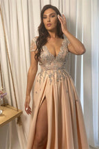Split Front A-line Off-the-Shoulder Lace V-Neck Applique  Prom Dress