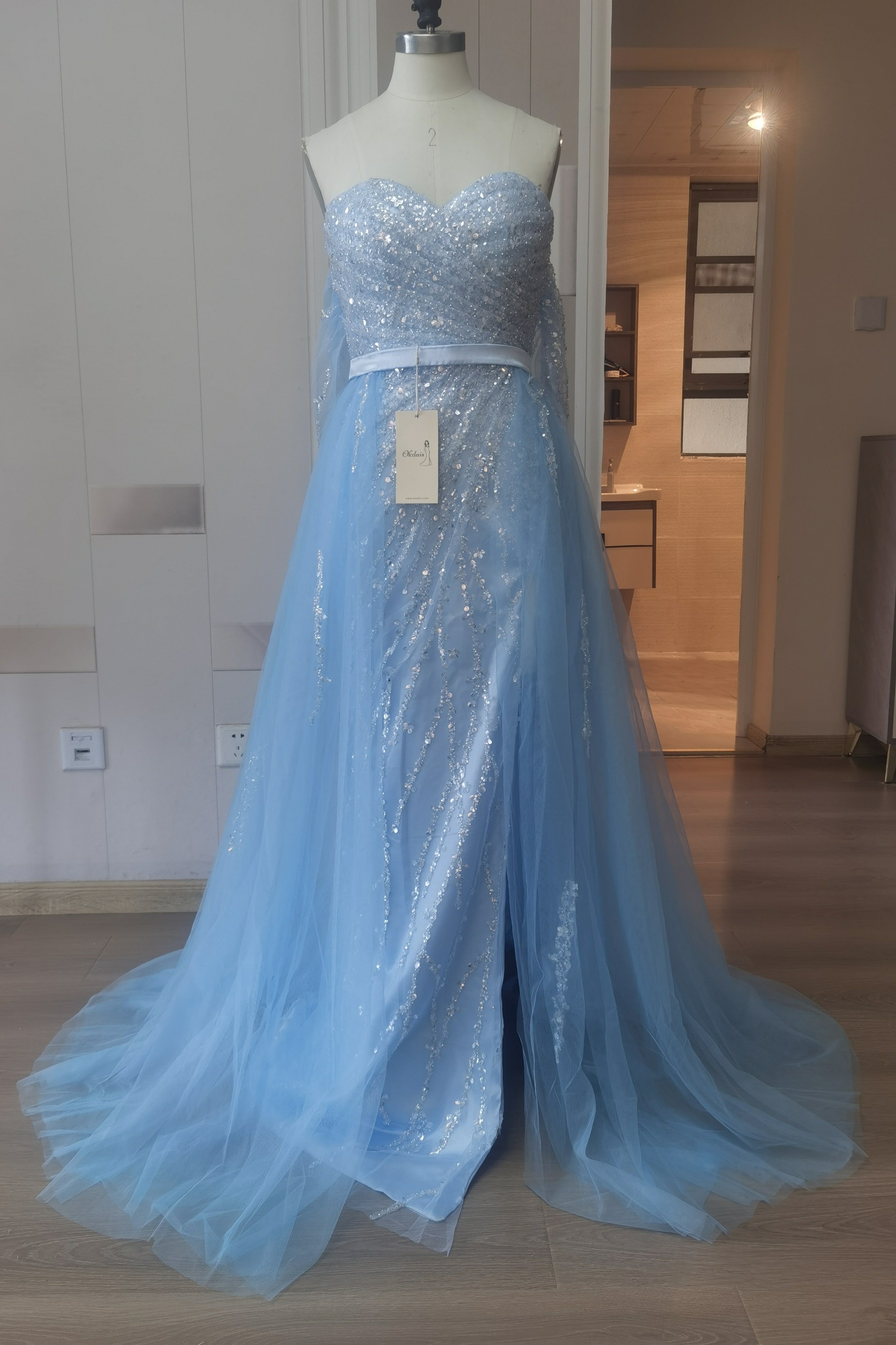 Split Front Sky Blue Off-the-Shoulder Tulle Prom Dress with Sequin Embellishments